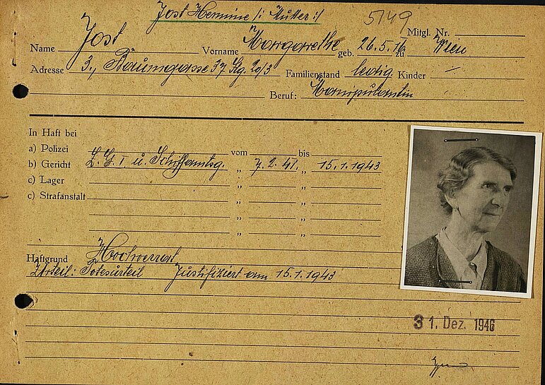 Portraitfoto von Hermine Jost (Mutter von Grete Jost), 1946 DÖW Historische Sammlungen, Akten des KZ Verbandes Sig. 20.100/5149