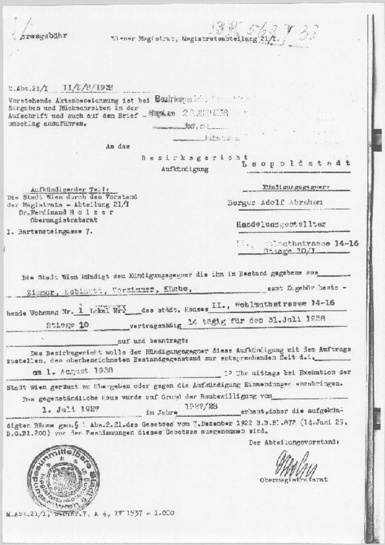 Wiener Wohnen Archiv, Kündigungsakt, 29.6.1938 Berger Abraham 13K 569